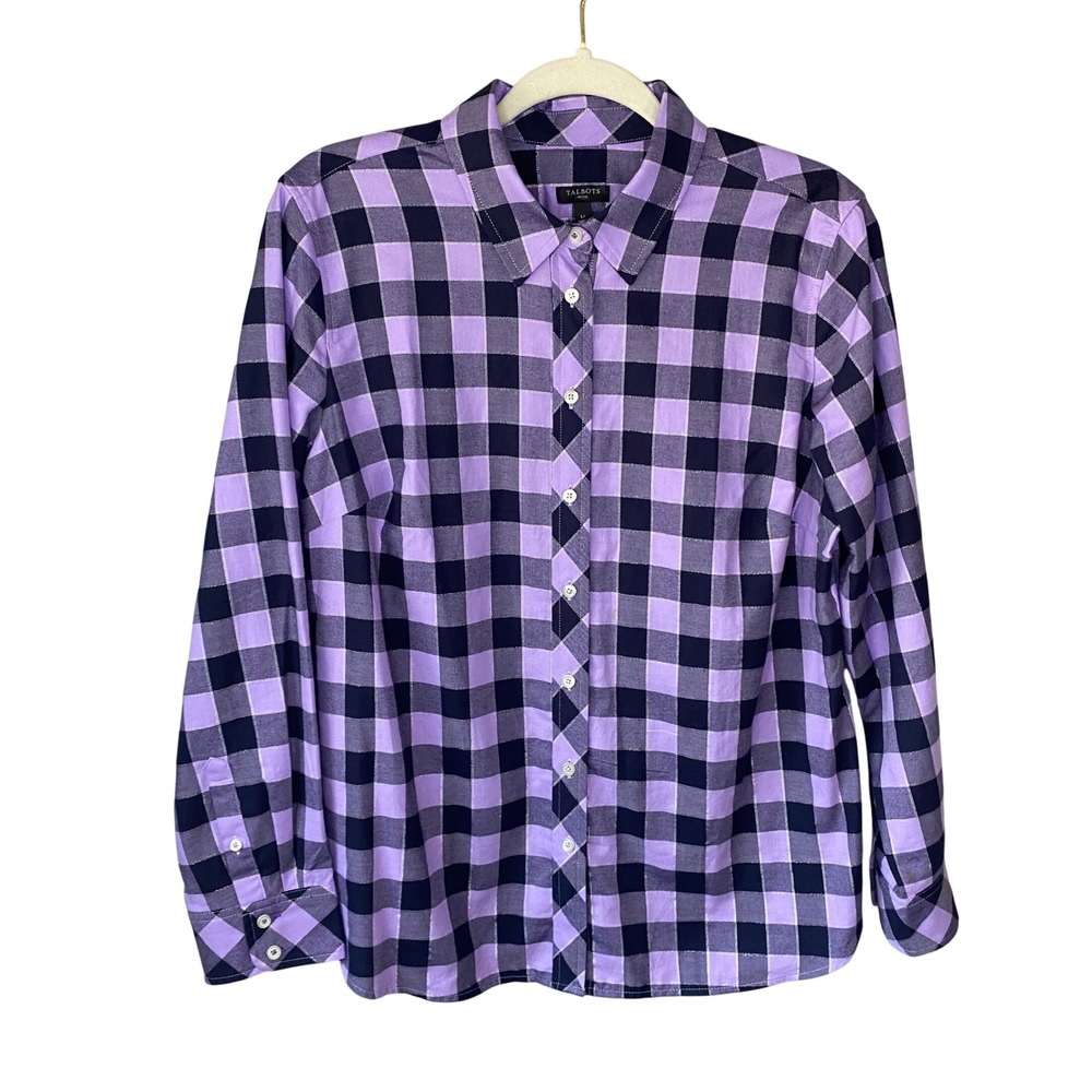 Talbots Petite Purple Navy Buffalo Check Plaid Button Down Shirt LP